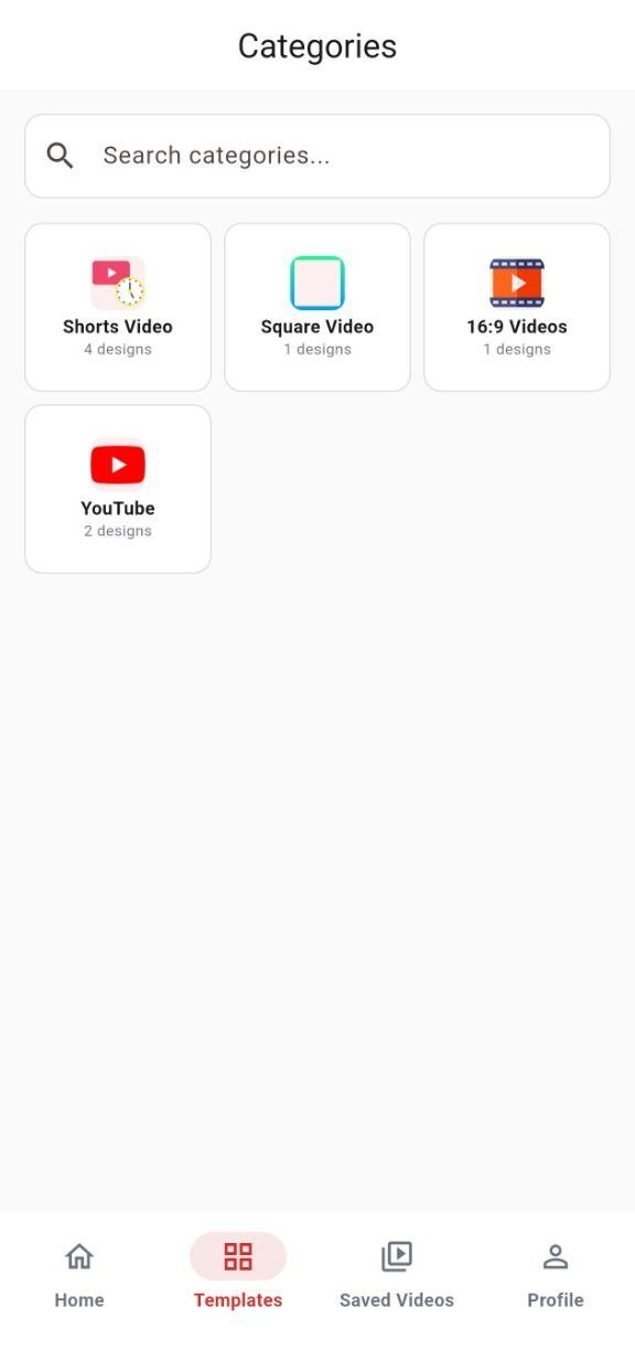 Categories screen listing Shorts Video, Square Video, 16:9 Videos and YouTube