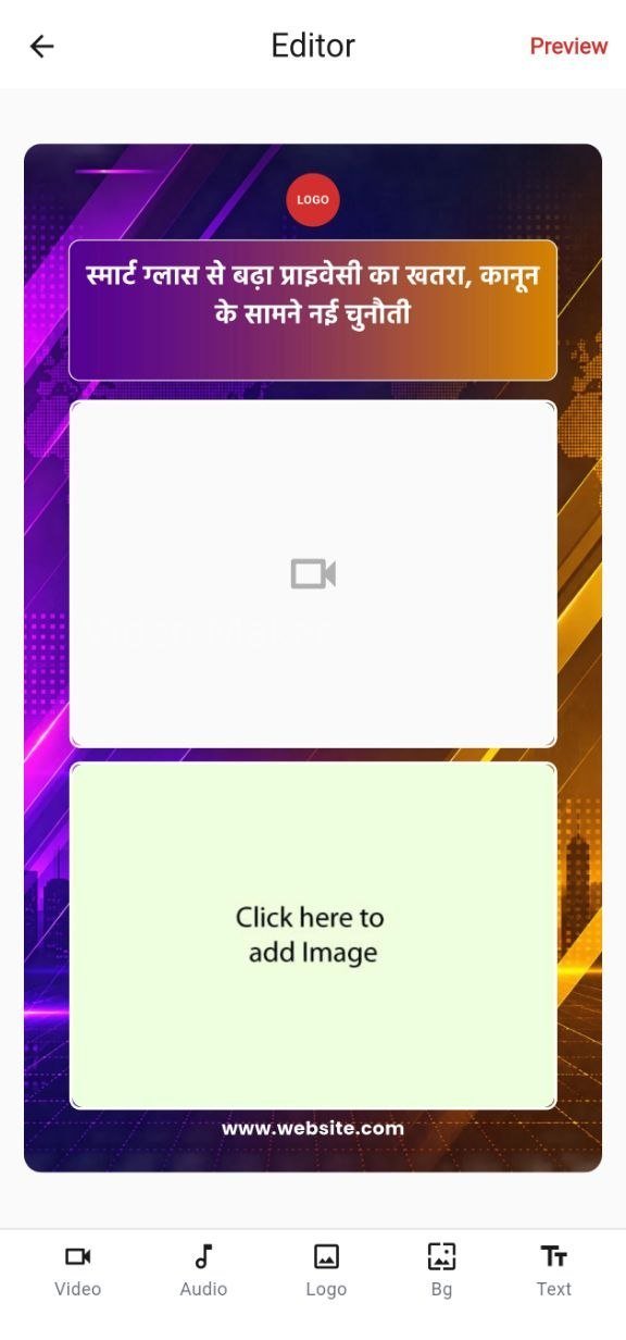 News Video Maker editor screen showing a news template with headline, logo and video placeholder