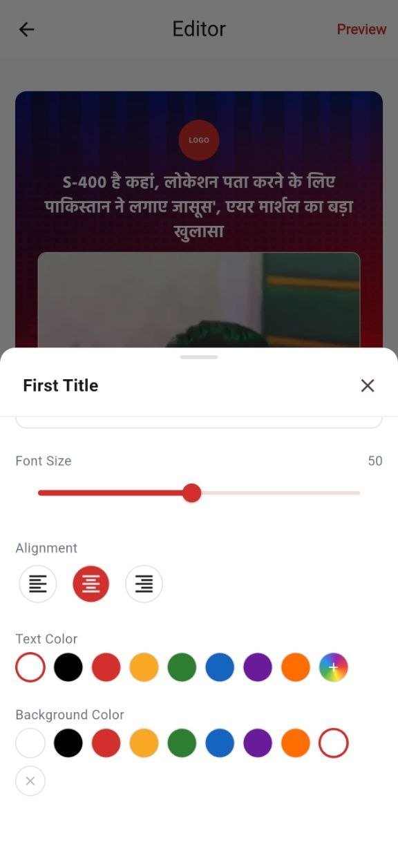 Text style editor showing font size, alignment and color swatches